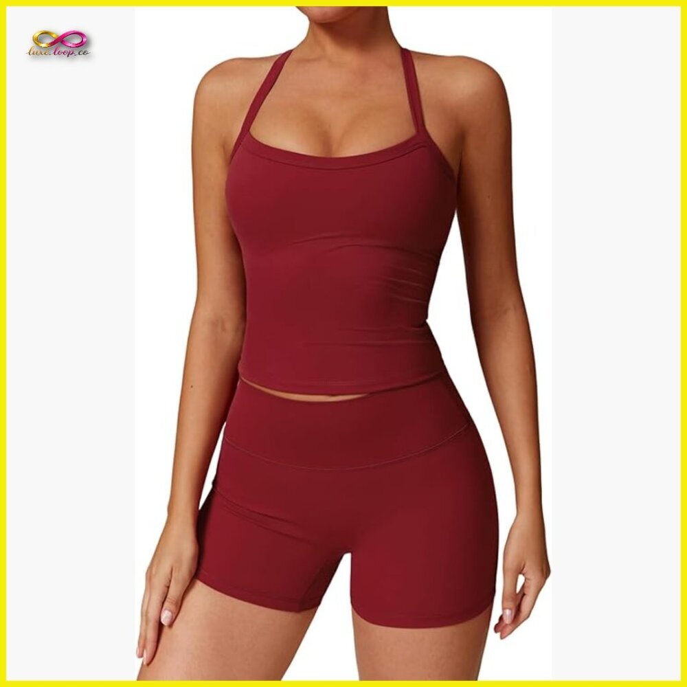Two Piece Workout Set Tank Top High Waist Booty Lifting Shorts Gym Yoga